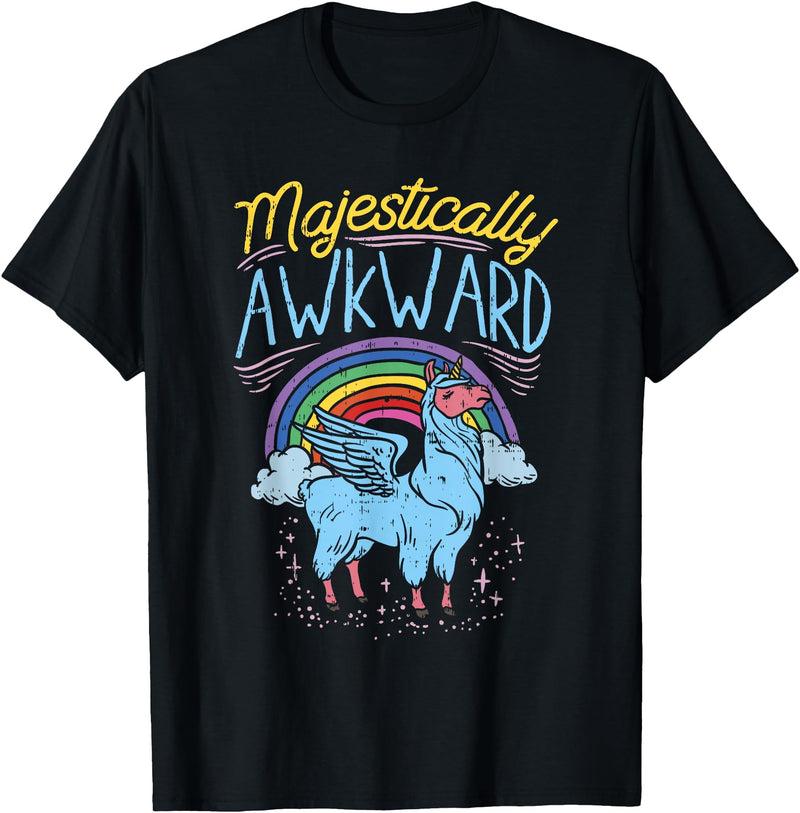 Llama Queen Birthday Party Gift Majestically Awkward Funny Llamacorn Llama Unicorn Rainbow T-Shirt - Black