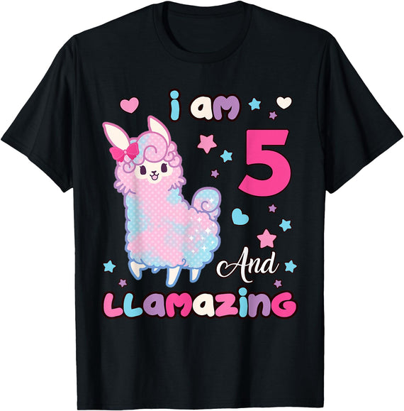 Llamazing Birthday Girl Llama Family BW Art Llama I Am Five and Llamazing 5 Years Old 5th Birthday Girl T-Shirt - Black