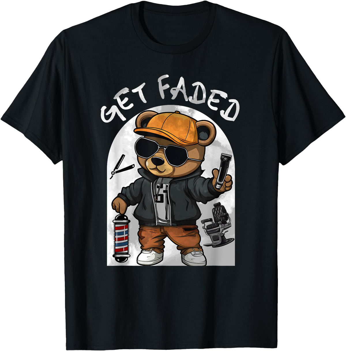 Black Barbershop African American Barber Designs Get Faded Hip Hop Teddy Bear Barber Streetwear Fade Haircut T-Shirt - Black