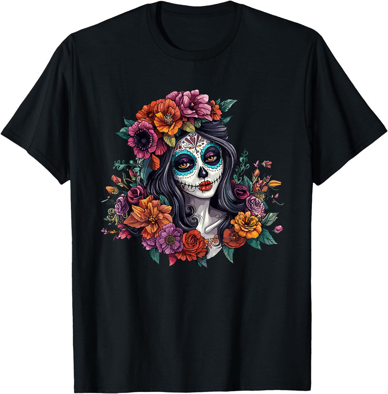 Sugar Skull Dia De Los Muertos Floral Skull Day of The Dead Sugar Skull Woman Floral Crown T-Shirt - Black