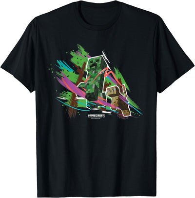 Minecraft Creeper Running from Cat Paint Brush Strokes Art T-Shirt