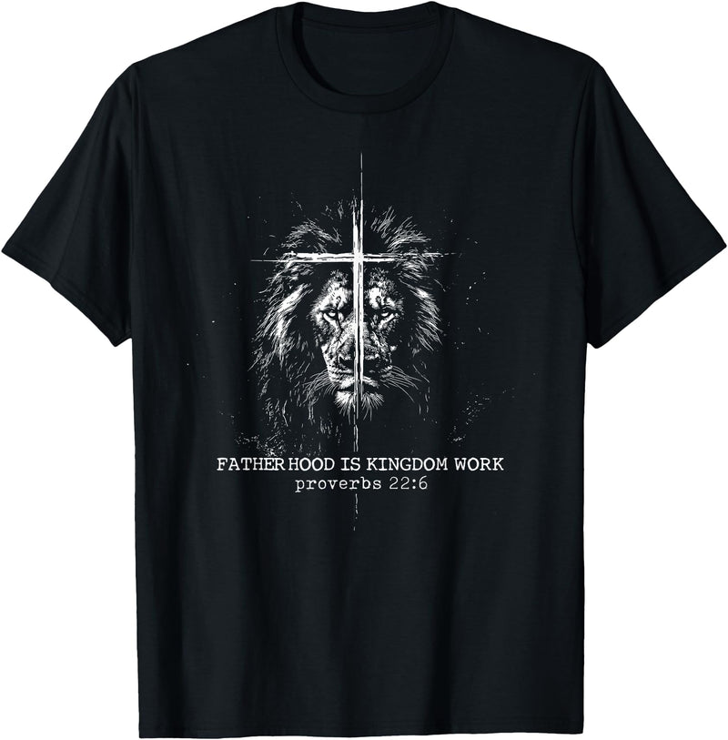 Retro Faith Based Lion Cross Father Day tee Fatherhood is Kingdom Work Retro Faith Based Lion Cross T-Shirt - Black