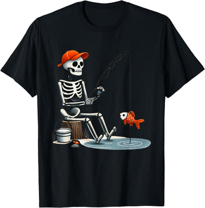 Funny Skeleton Fishing Halloween Men Tees Skeleton Fishing Halloween Costume Funny Men Boys Kids T-Shirt