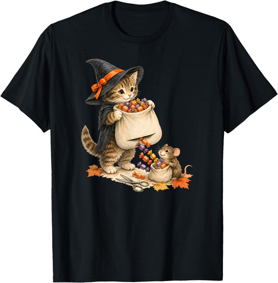 Thread Coven Sneaky Mouse and Witch Cat Halloween Sweets T-Shirt - Black