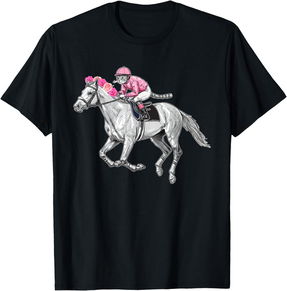 Racehorse and Cat Racer Derby Horse Racing Cat Jockey Funny Race Equestrian Humor T-Shirt - Black