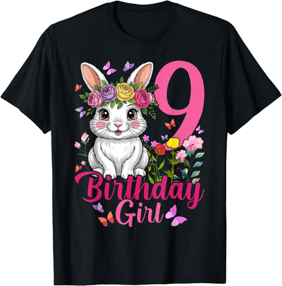9th Birthday Girl Floral Bunny T-Shirt