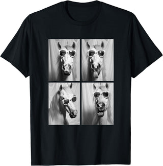 Funny Animal Photography Clothing Co. Cute Horses with Sunglasses Hipster Photo Booth Memes T-Shirt - Black