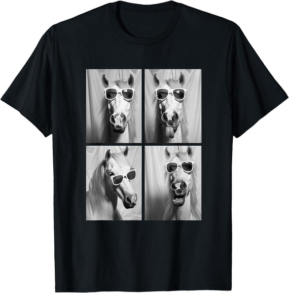Funny Animal Photography Clothing Co. Cute Horses with Sunglasses Hipster Photo Booth Memes T-Shirt - Black