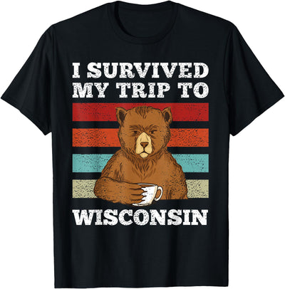 plainly Funny Beart Retro I Survived My Trip I Survived My Journey to Wisconsin Vintage Tired Bear Coffee T-Shirt