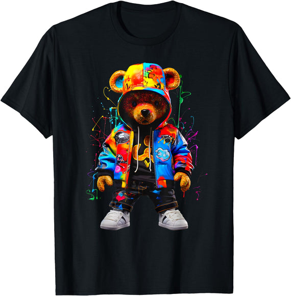 Hip-Hop Teddy-Bear Aesthetic Urban StreetWear Co. Hip-Hop Teddy-Bear Colorful Teddybear with Hoodie Graphic T-Shirt - Black