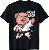 Pig Lover Gift Co. Pig Karate Pork Chop Funny Hog Swine Pun Men Boys Kids Women T-Shirt - Black