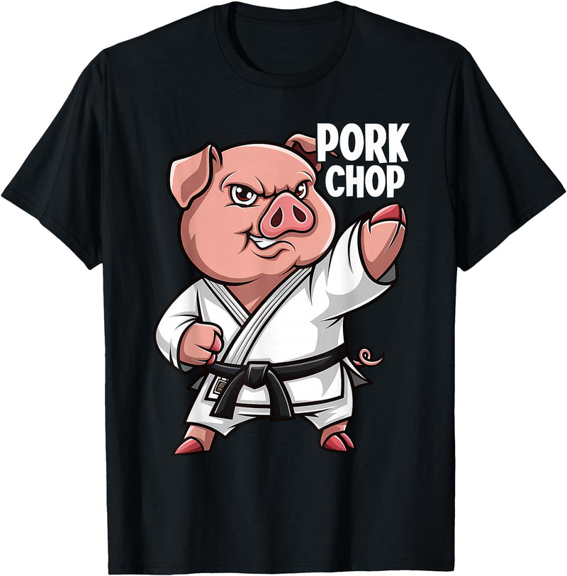 Pig Lover Gift Co. Pig Karate Pork Chop Funny Hog Swine Pun Men Boys Kids Women T-Shirt - Black