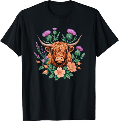 Highland Cow Thistle Country Art Floral Scottish Farm Animal T-Shirt