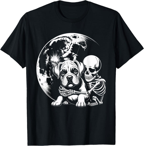 Cute Skeleton Boxer Dog Halloween Women Men Skeleton Hugging Dog Halloween Boxer Lover Mom Dad T-Shirt - Black