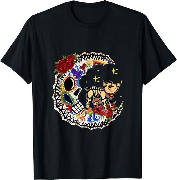Halloween Sugar Skull Pig and Moon Lover T-Shirt - Black