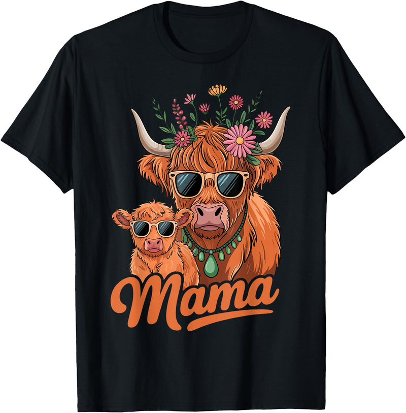 Scottish Farm Matching Mom Daughter Highland Cow Highland Cow Mama Mom Baby Calf Daughter Floral Mothers Day T-Shirt - Black