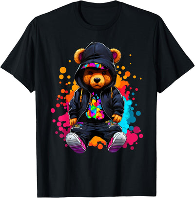 Hip Hop Bear Colorful Teddy Bear With Hoodie Baseball Cap T-Shirt