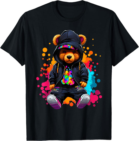 Hip Hop Teddy Bear Aesthetic Wear Co. Hip Hop Bear Colorful Teddy Bear With Hoodie Baseball Cap T-Shirt - Black