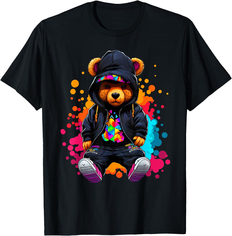 Hip Hop Teddy Bear Aesthetic Wear Co. Hip Hop Bear Colorful Teddy Bear With Hoodie Baseball Cap T-Shirt - Black