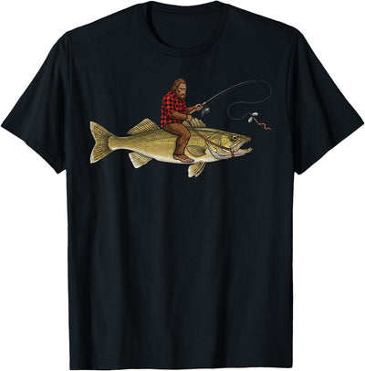 Walleye Fishing Bigfoot Riding Fisherman Funny Angler T-Shirt