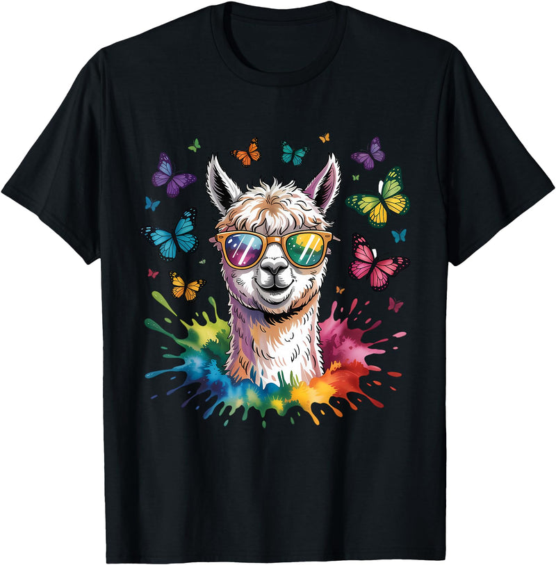 Funny Llama Lover Graphics Cute Llama with Sunglasses Animal Art Graphic Funny Alpaca T-Shirt - Black