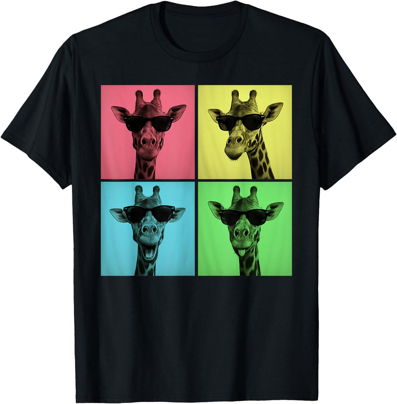 Retro Cute Giraffe Portrait with Sunglasses Giraffe Pop Art Funny Safari Animal Lover Photo Booth T-Shirt - Black