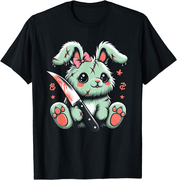 Creepy Cute Bunny Rabbit Alt Goth Grunge Horror Aesthetic T-Shirt (Black) in Black