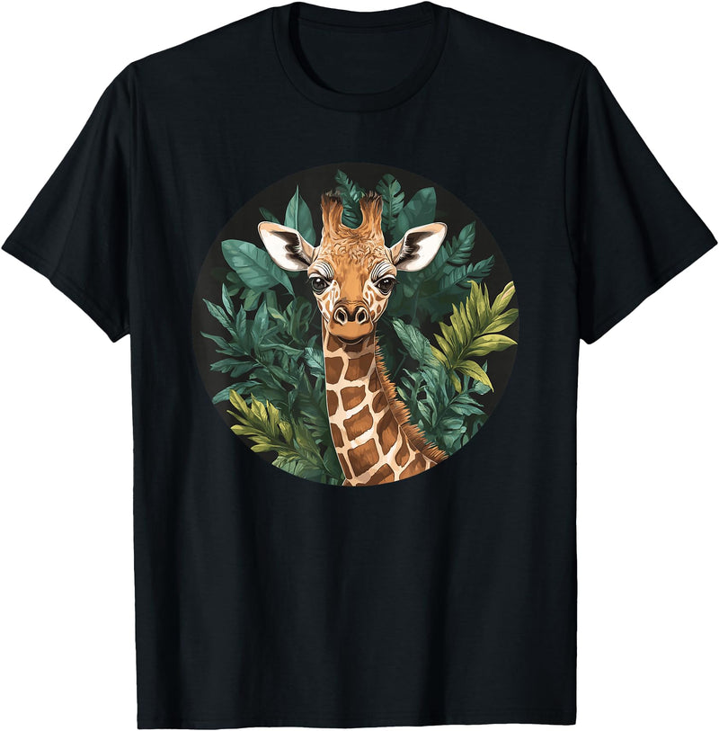 Nature Wildlife Giraffe Safari Jungle Giraffe With Tropical Jungle Leaves T-Shirt - Black