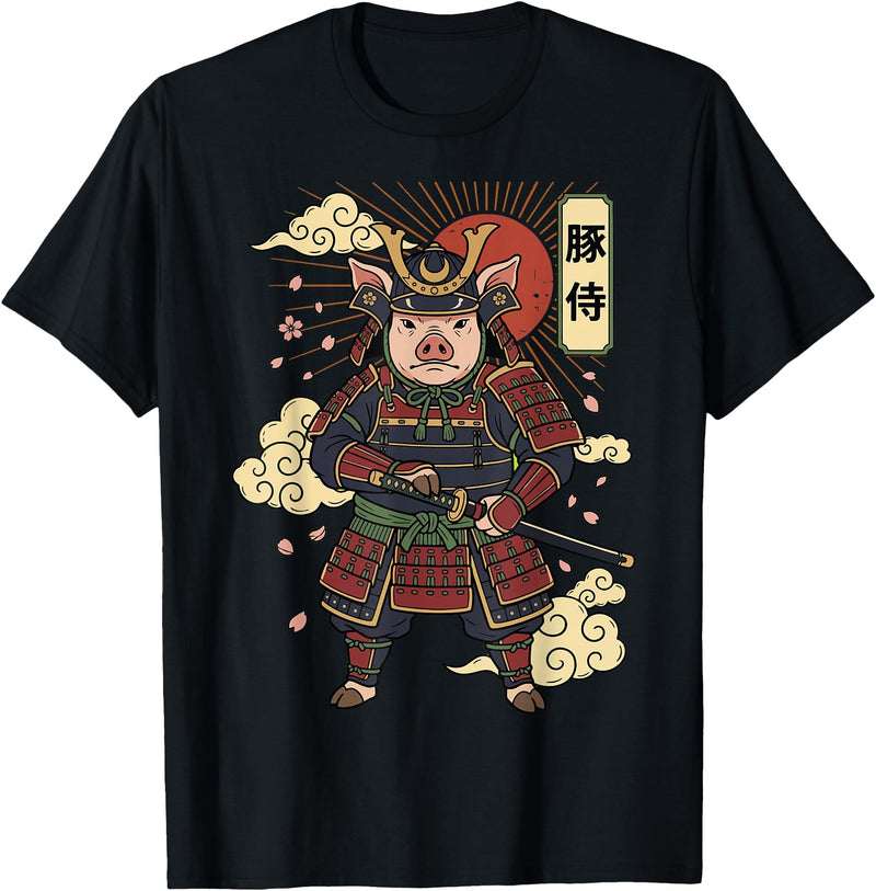 Samurai Pig Anime Japan Pig Samurai Japanese Warrior T-Shirt - Black
