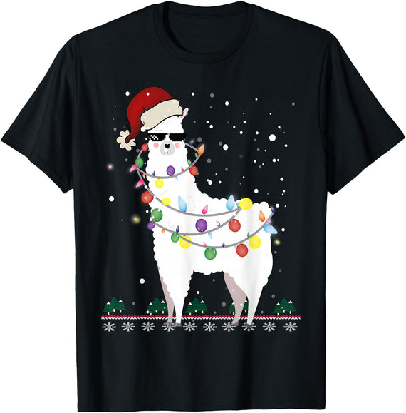 Christmas Llama Santa Hat Ugly Xmas Tee Christmas Llama Santa Hat Ugly Xmas Tree Alpaca Gift T-Shirt - Black
