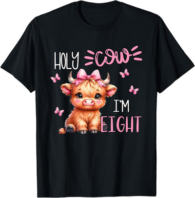 Holy Cow I'm Eight Highland Cow Print 8th Birthday Girl T-Shirt