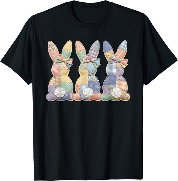 Easter Patchwork Bunny Cute Bunny Rabbit Coquette Lace Bow T-Shirt in Black