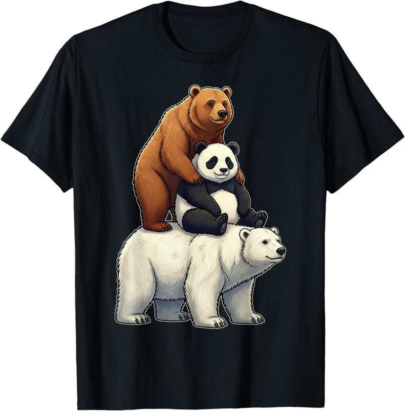 Cute Bear Panda Polar Bear Stack Funny Wildlife Funny Bears Stacked Panda Grizzly Polar Bear Trio Meme Art T-Shirt - Black