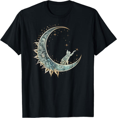 Dibble Dabble Designs Mystical Aesthetic Cat Sitting on Crescent Moon Lunar Cat T-Shirt