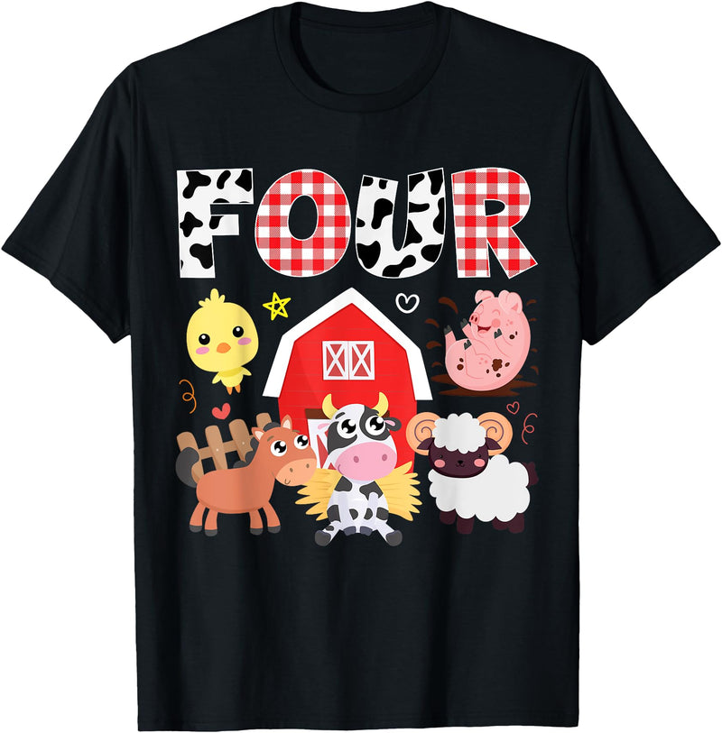 Farm Animals Cow Themed Birthday Party Family Tees 4th Birthday Four Year Old Farm Theme Animals Birthday Party T-Shirt -