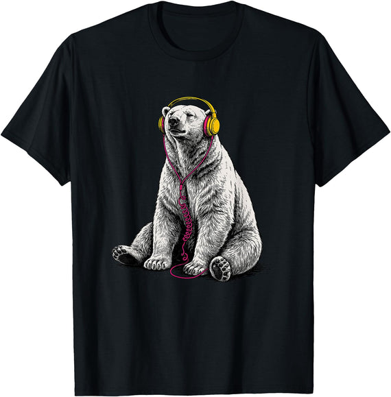 Arctic Wildlife Music Lover Designs Polar Bear Headphones Music Lover Funny Arctic DJ T-Shirt - Black