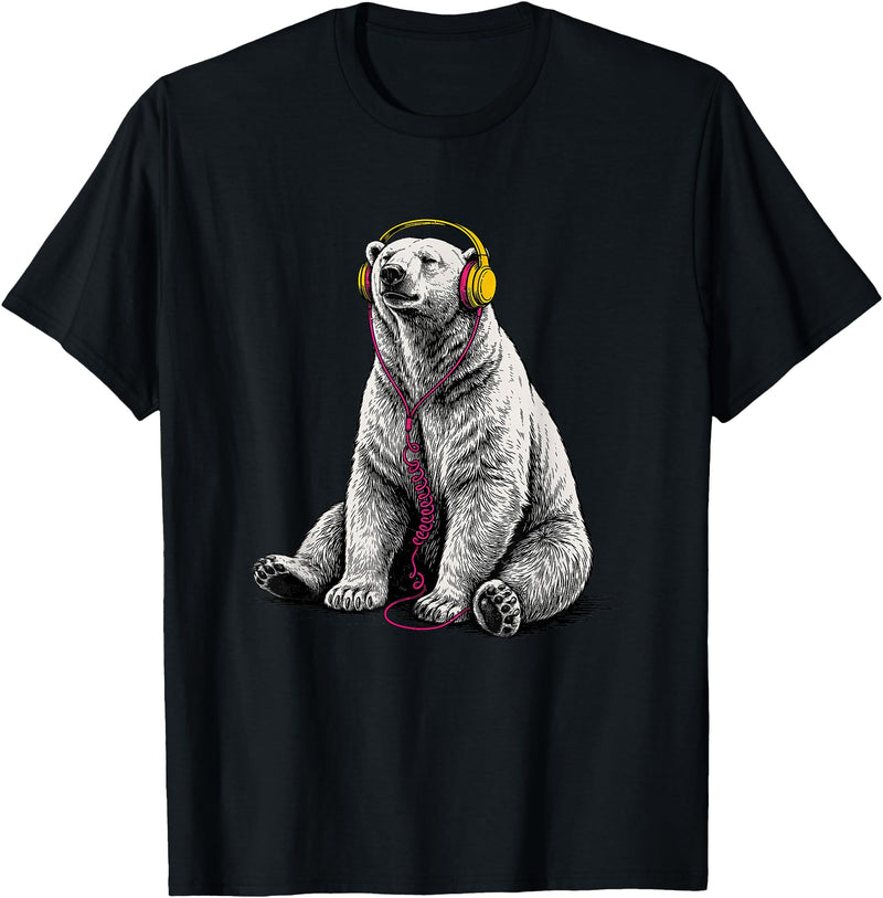Arctic Wildlife Music Lover Designs Polar Bear Headphones Music Lover Funny Arctic DJ T-Shirt - Black