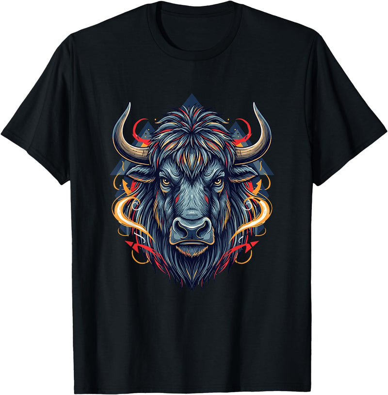 Wild Buffalo Bison Tribal Western Spirit Fierce Wild Bison Head Tribal Geometric Buffalo T-Shirt - Black
