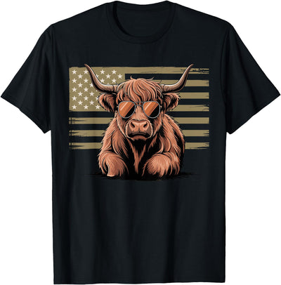 Highland Cow with Sunglasses and American Flag T-Shirt