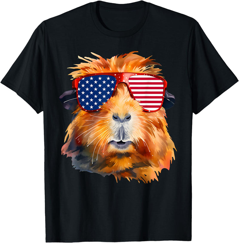 Cute Guinea Pig Lover HD0 Guinea Pig American Flag Sunglasses Patriotic 4th Of July T-Shirt - Black