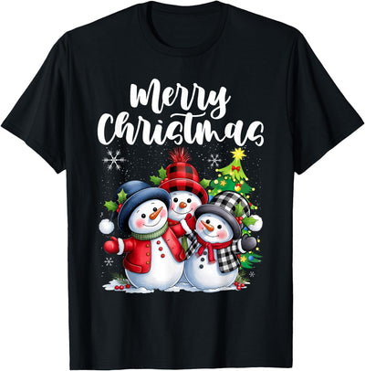 Vintage Christmas Snowman Snowmen Buffalo Plaid Snowflakes T-Shirt