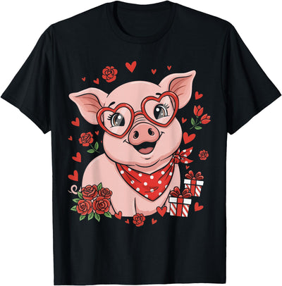 Pig Cute Farm Animal Sunglasses Heart Love Valentine T-Shirt