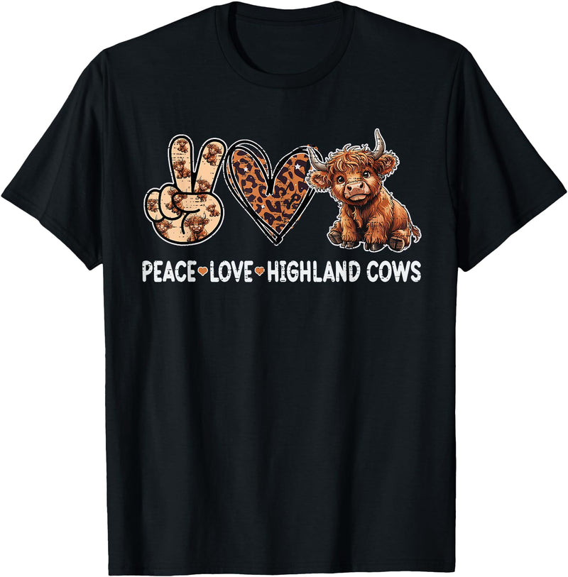 Highland Cow shirts for Girls Women Kids Peace Love Highland Cows Funny Beef Farmer Farm Cow Lover T-Shirt - Black