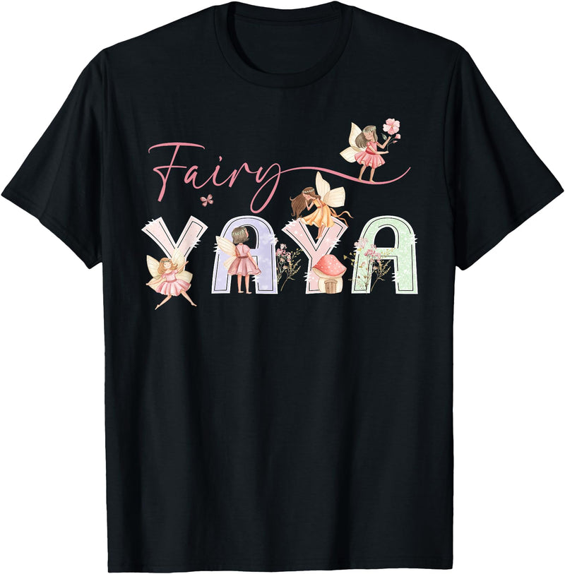 Fairy Fairytale Birthday Girl Floral Matching Fairy Yaya Magical Floral Birthday Girl Fairytale Family T-Shirt - Black