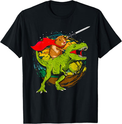 Superhero Guinea Pig Riding T-Rex T-Shirt