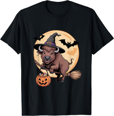 Cow Buffalo Witch Hat Pumpkin Halloween Costume Kids T-Shirt