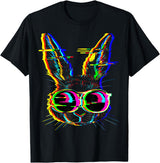 Trippy Rabbit Vibrant Glitch Effects Vaporwave EDM Lover T-Shirt in Black