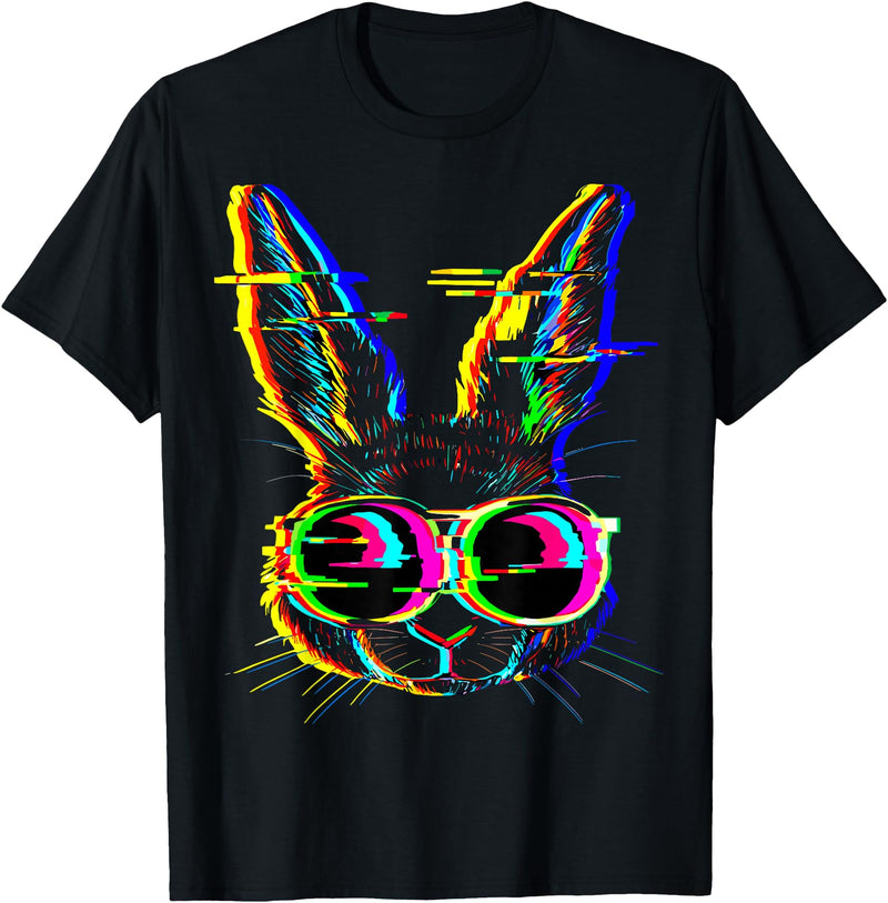Trippy Rabbit Vibrant Glitch Effects Vaporwave EDM Lover T-Shirt in Black