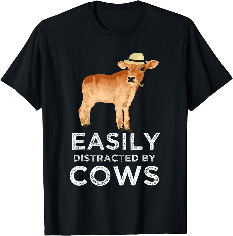 Cartba Cow Co. Fun Cute Easily Distracted By Cows Unisex-Adults Black T-Shirt - Black