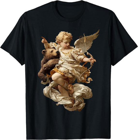 Vintage Angel Aesthetic Classical Art Cute Cherub Angel with Bear Baroque Renaissance Aesthetic T-Shirt - Black